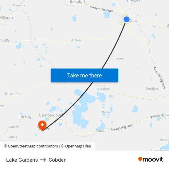 Lake Gardens to Cobden map