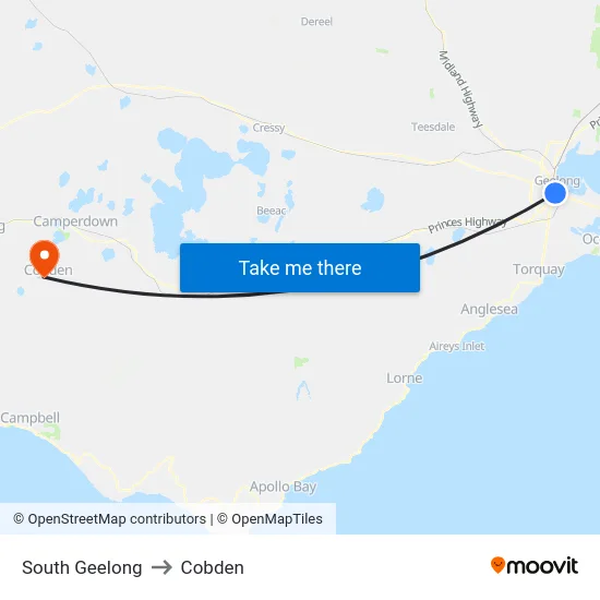 South Geelong to Cobden map