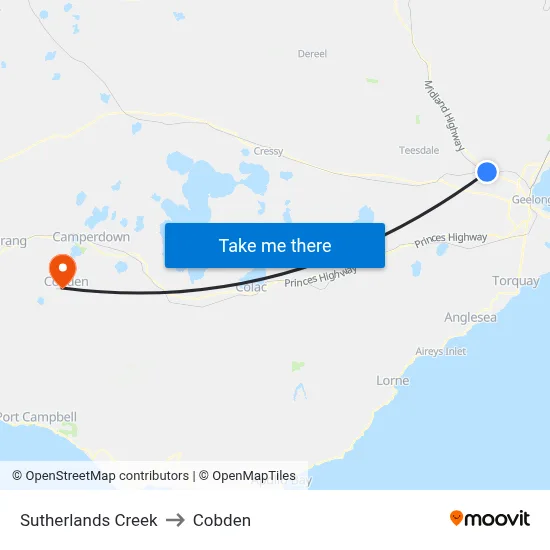 Sutherlands Creek to Cobden map