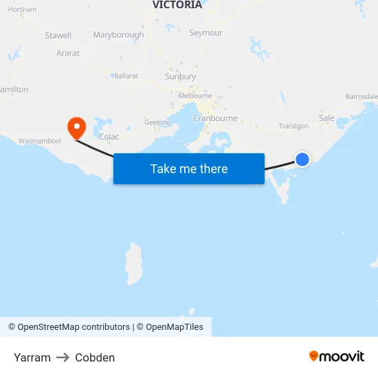 Yarram to Cobden map