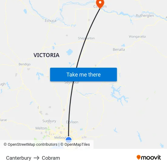 Canterbury to Cobram map