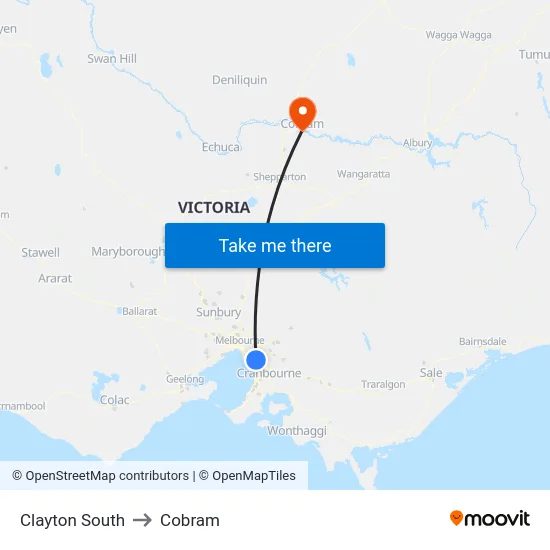 Clayton South to Cobram map