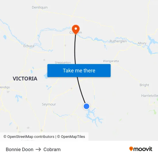 Bonnie Doon to Cobram map