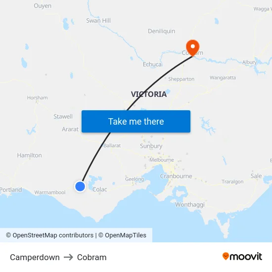 Camperdown to Cobram map