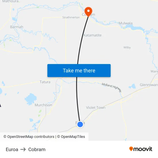 Euroa to Cobram map