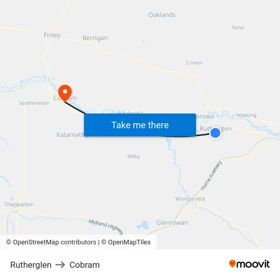 Rutherglen to Cobram map
