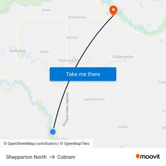 Shepparton North to Cobram map