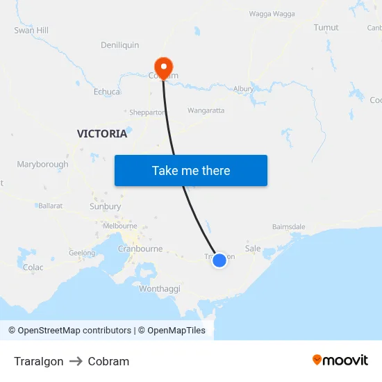 Traralgon to Cobram map
