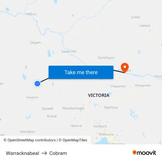 Warracknabeal to Cobram map
