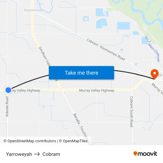 Yarroweyah to Cobram map