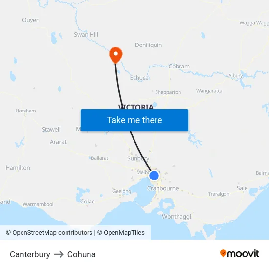 Canterbury to Cohuna map