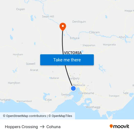 Hoppers Crossing to Cohuna map