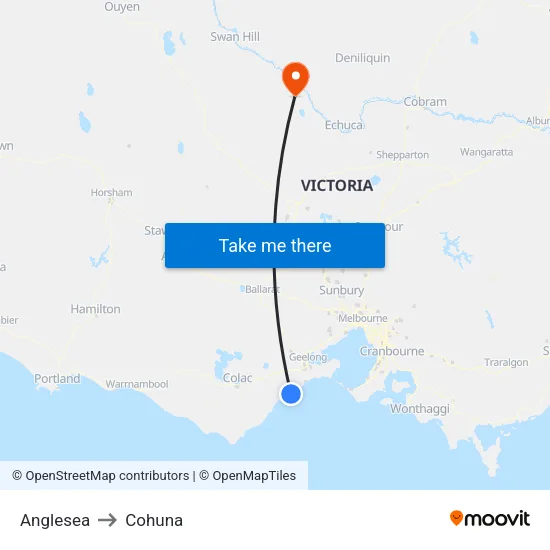 Anglesea to Cohuna map