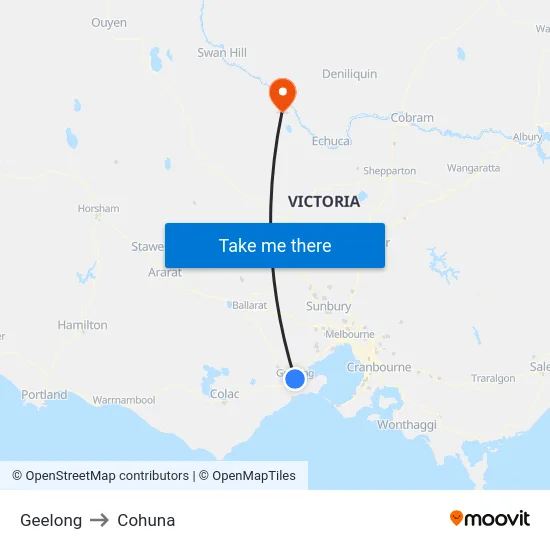 Geelong to Cohuna map