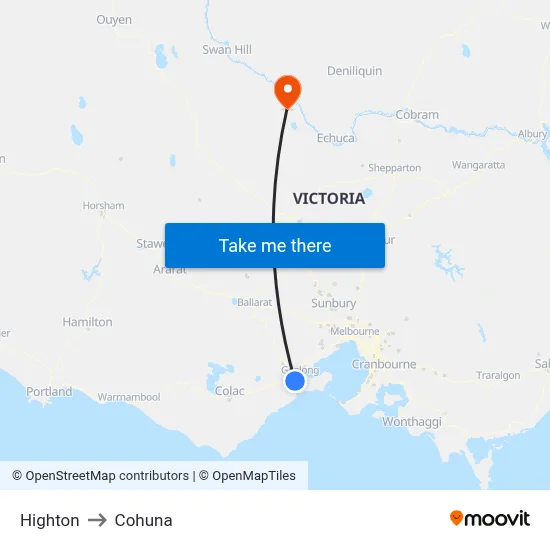Highton to Cohuna map