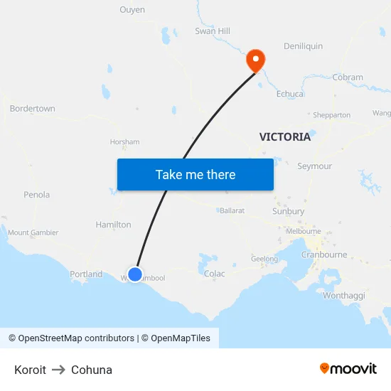 Koroit to Cohuna map