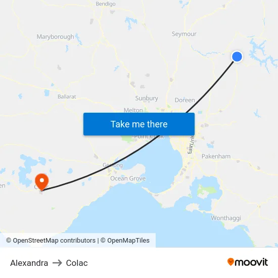 Alexandra to Colac map