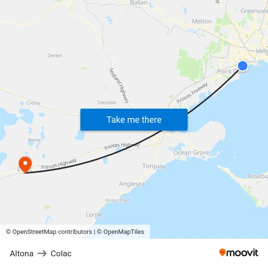 Altona to Colac map