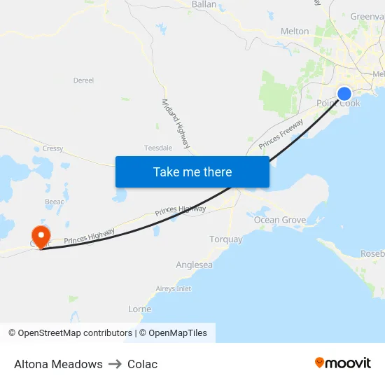Altona Meadows to Colac map