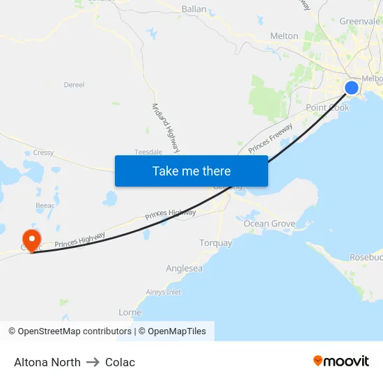Altona North to Colac map