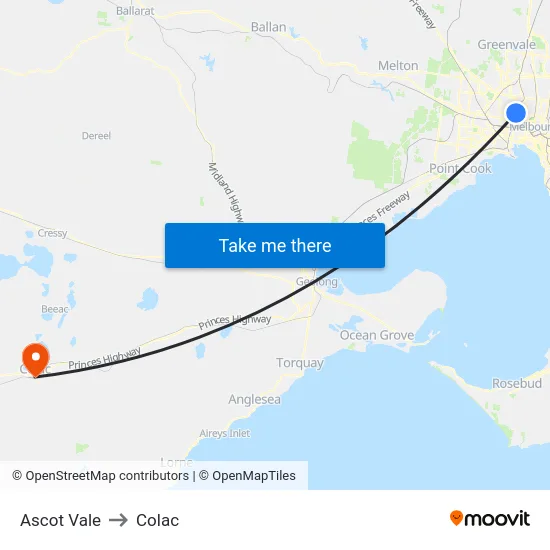Ascot Vale to Colac map