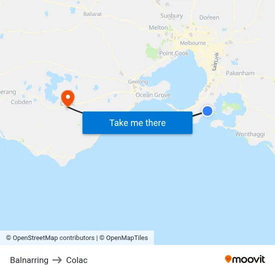Balnarring to Colac map
