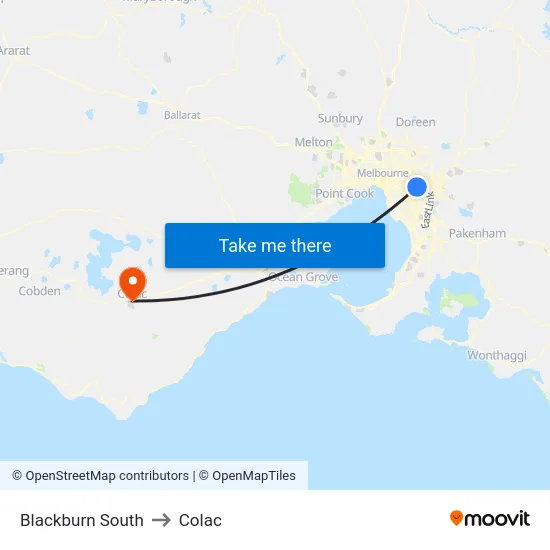 Blackburn South to Colac map