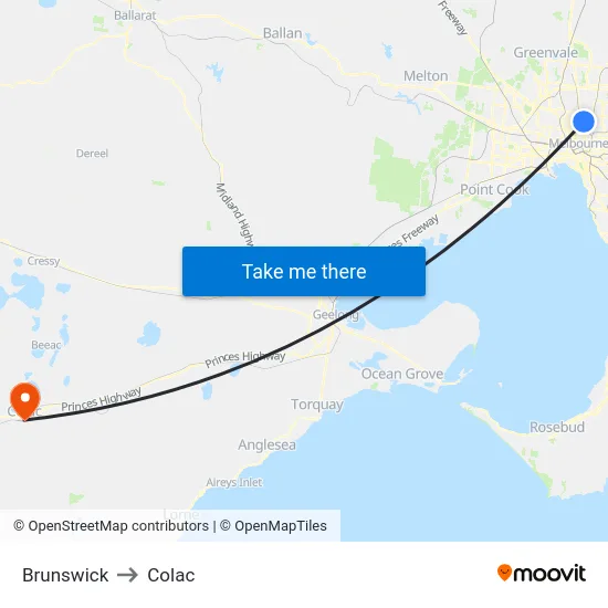 Brunswick to Colac map