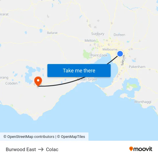 Burwood East to Colac map