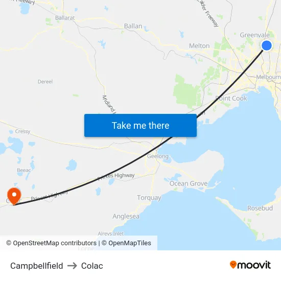 Campbellfield to Colac map