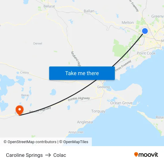 Caroline Springs to Colac map