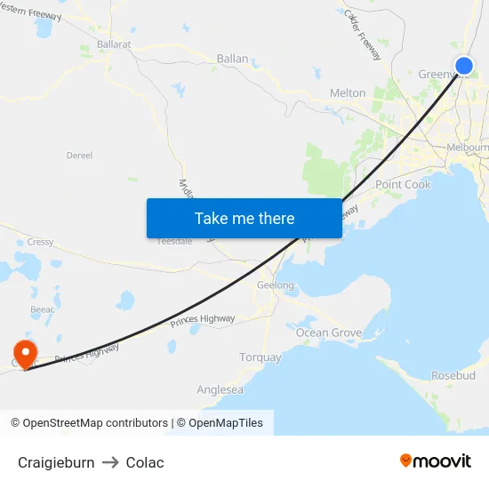 Craigieburn to Colac map
