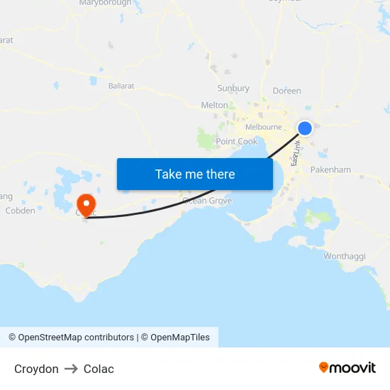 Croydon to Colac map