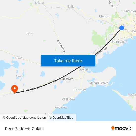 Deer Park to Colac map