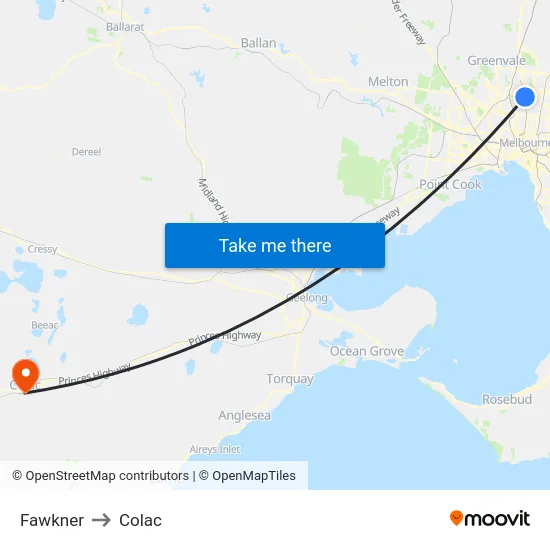 Fawkner to Colac map