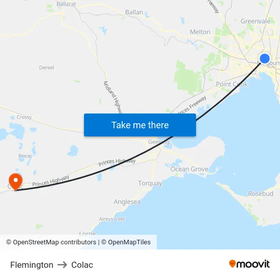 Flemington to Colac map