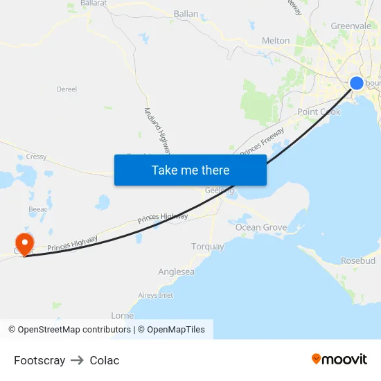 Footscray to Colac map