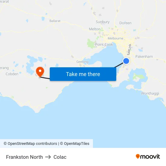 Frankston North to Colac map