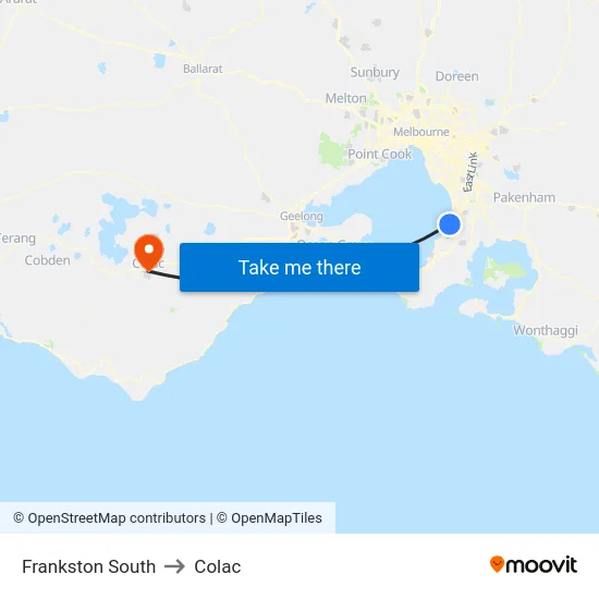 Frankston South to Colac map