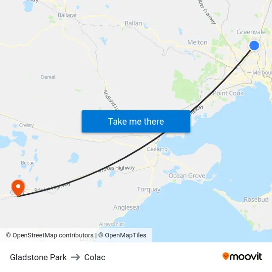 Gladstone Park to Colac map