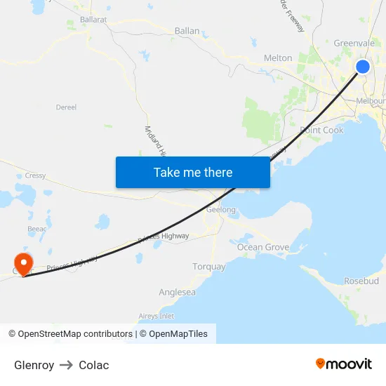 Glenroy to Colac map