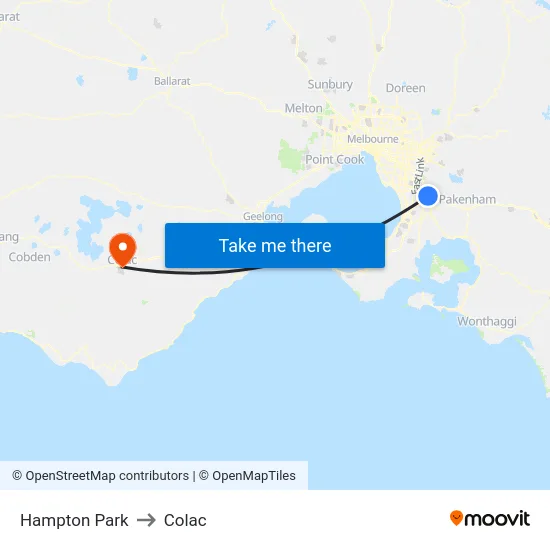 Hampton Park to Colac map