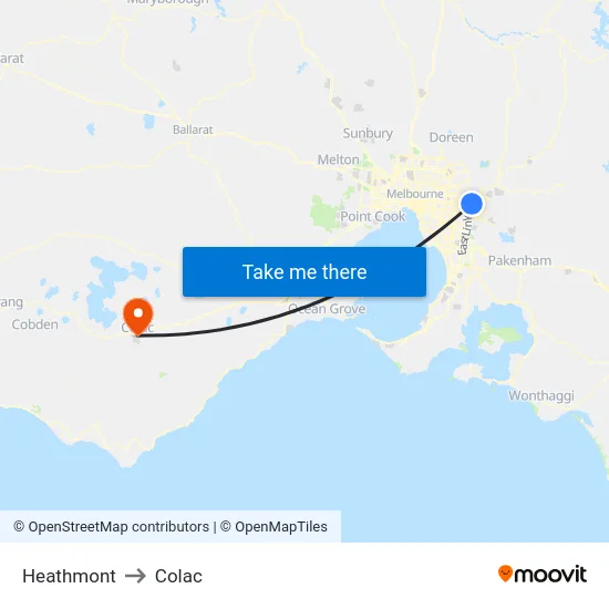 Heathmont to Colac map