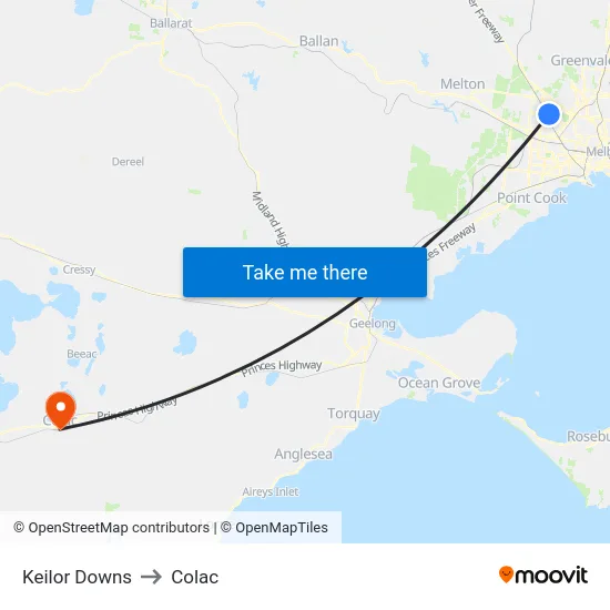 Keilor Downs to Colac map