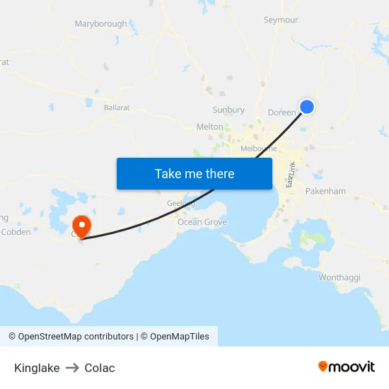 Kinglake to Colac map