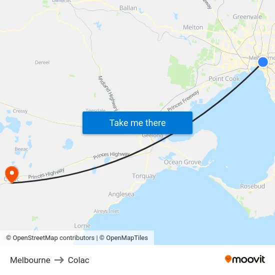 Melbourne to Colac map