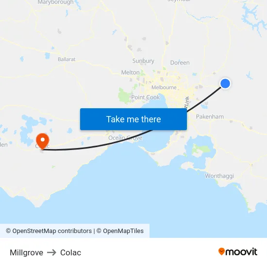 Millgrove to Colac map