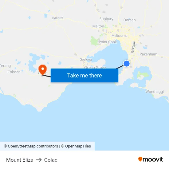 Mount Eliza to Colac map