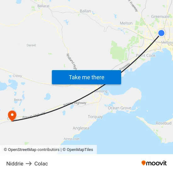 Niddrie to Colac map