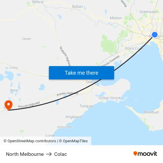 North Melbourne to Colac map